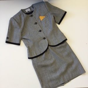 Vintage Gray Two-Piece Skirt Set with Black Trim and Yellow Pocket Square